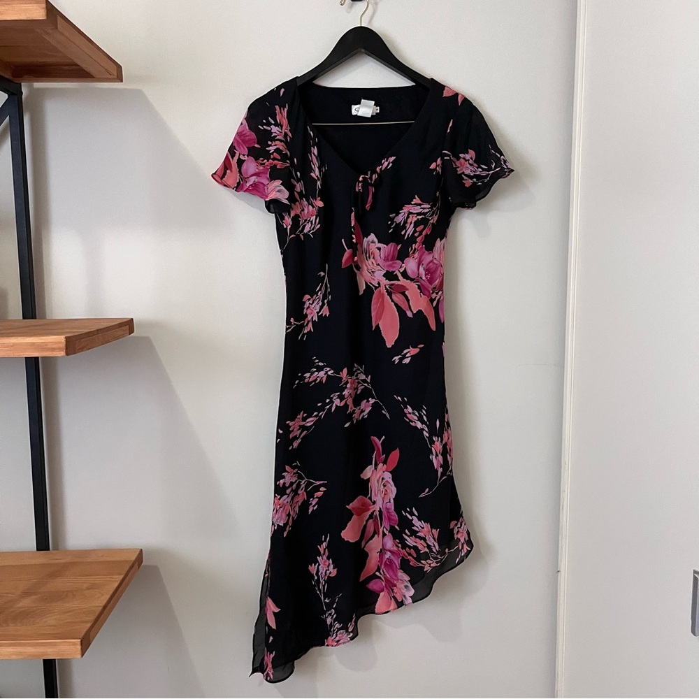 CDC Black Floral Midi Dress with Pink Accents